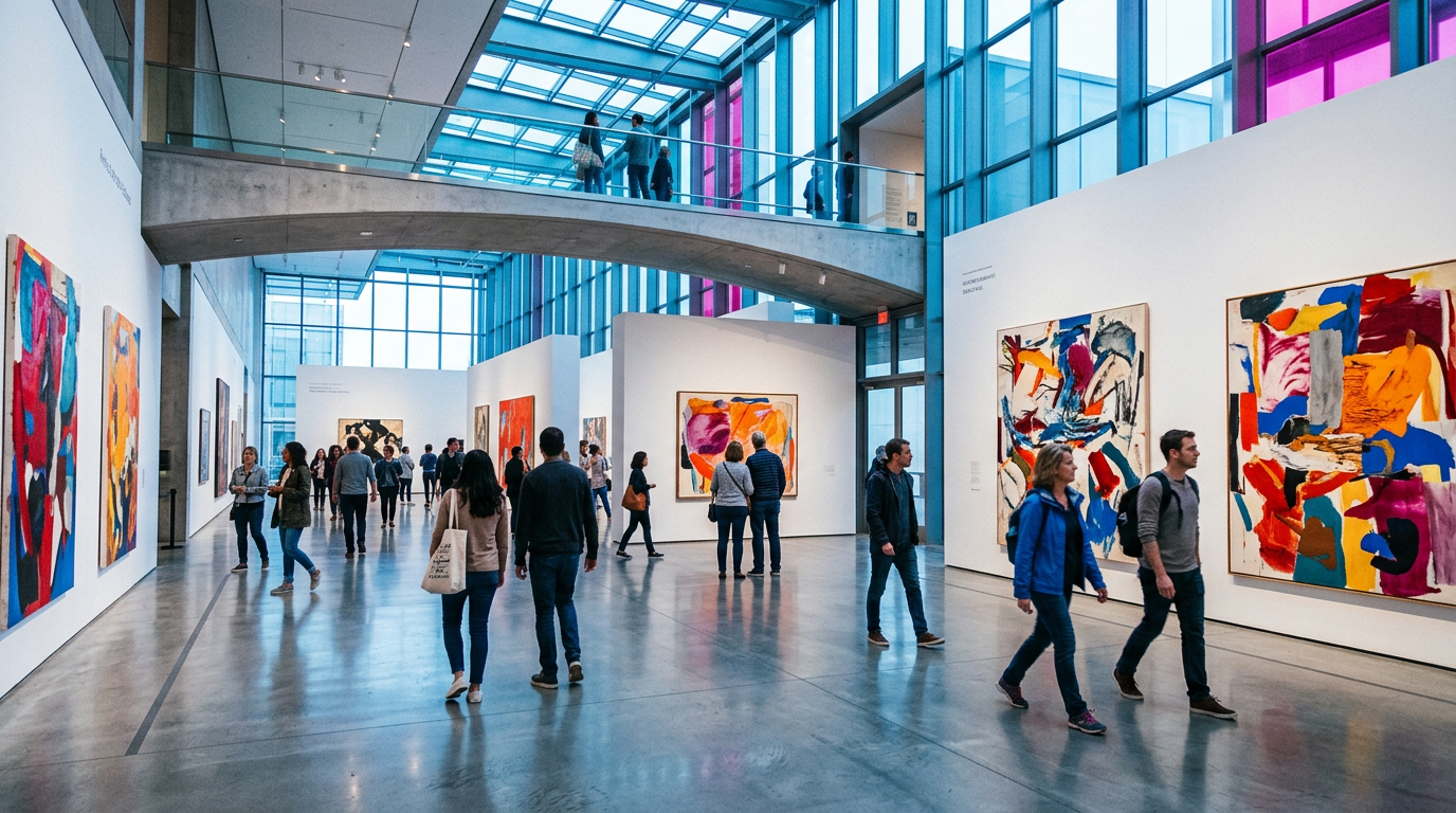 Besuchende in einer hellen, modernen Kunsthalle mit großformatigen farbigen Gemälden