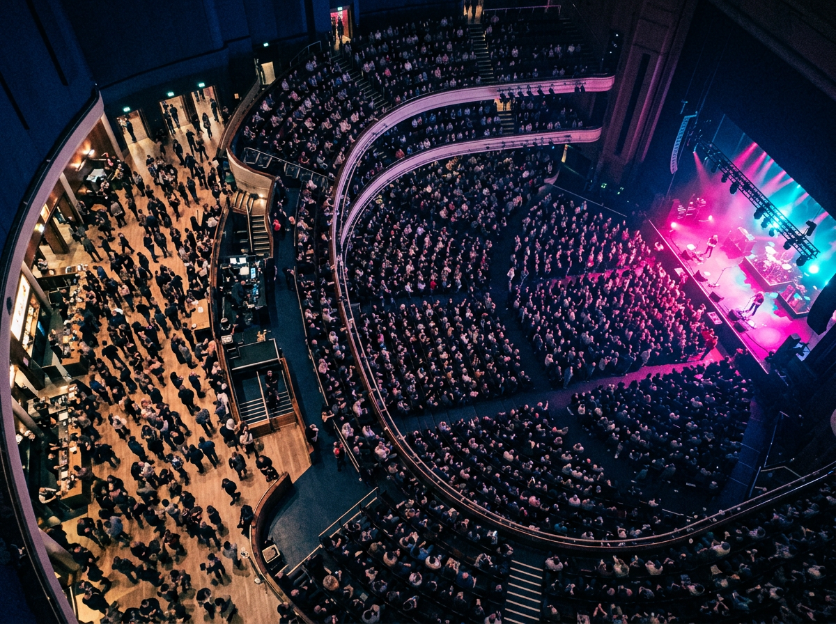 Konzertsaal von oben mit gefüllten Rängen, Foyer und beleuchteter Bühne