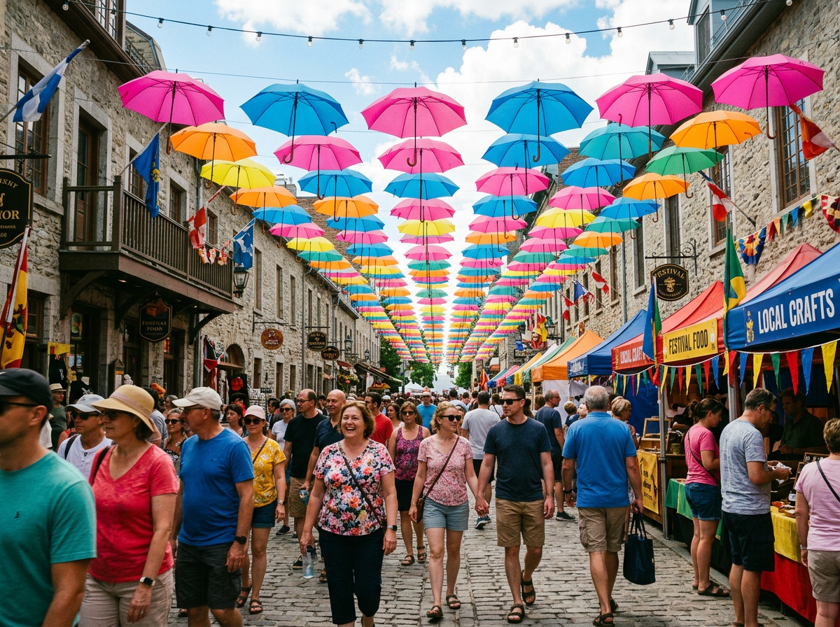 Belebte Festivalstraße unter bunten, aufgehängten Regenschirmen