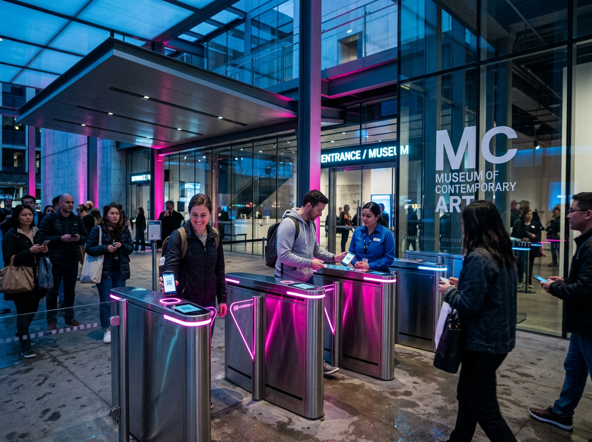 Besuchende scannen mobile Tickets an Einlass-Gates eines Museums