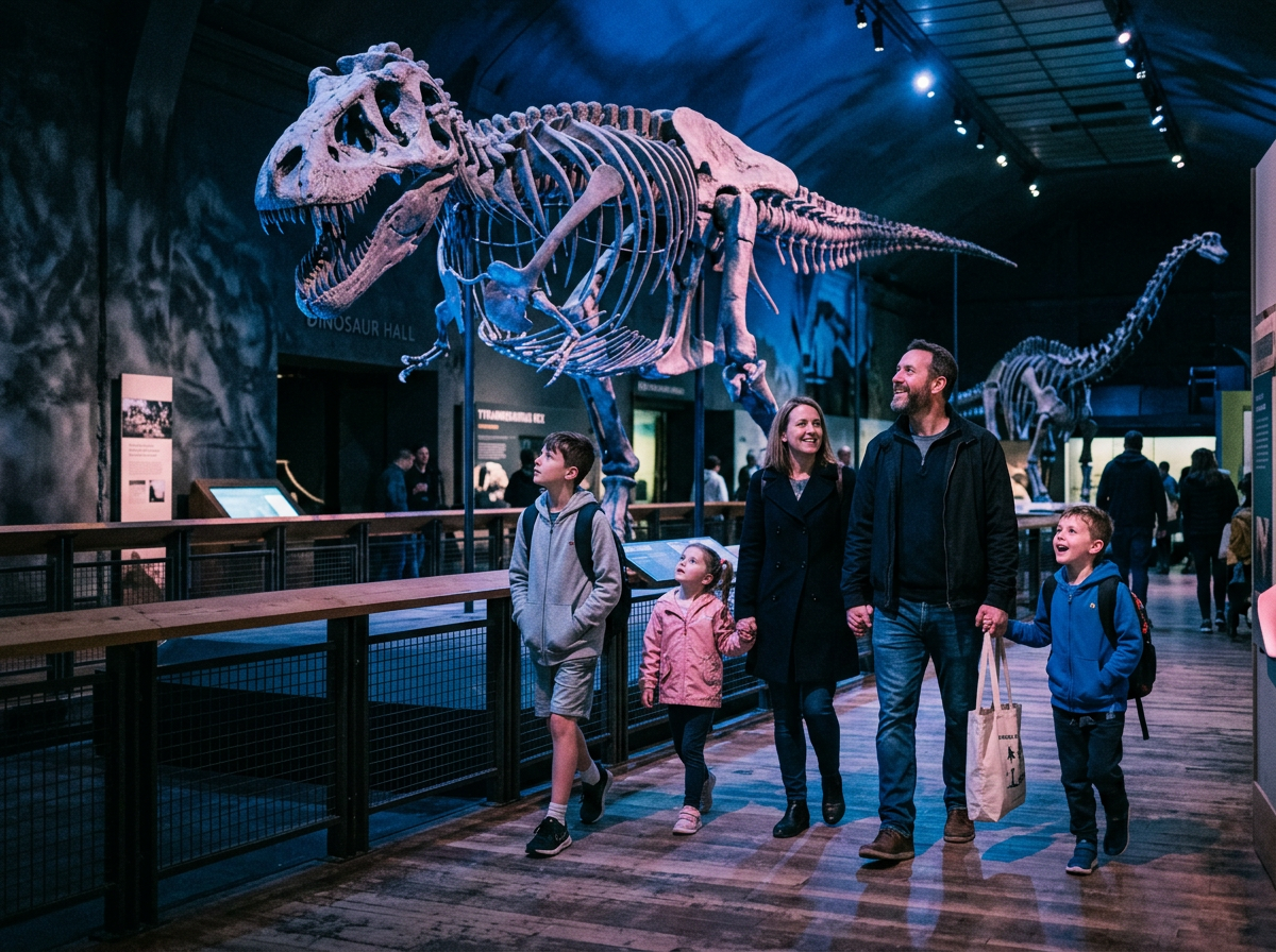 Familie mit Kindern vor einem T-Rex-Skelett im Naturkundemuseum