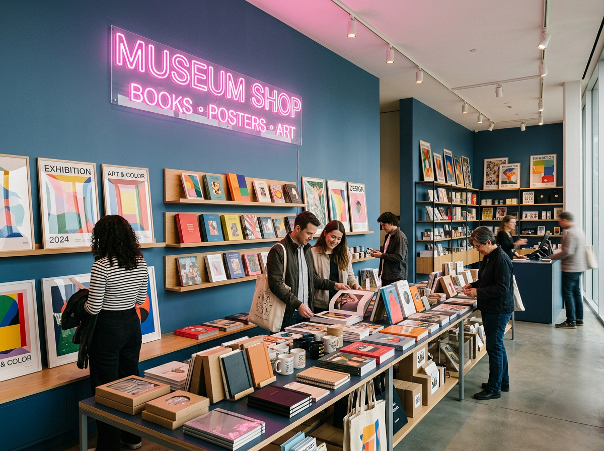 Besuchende stöbern in einem Museumsshop mit Büchern, Postern und Neon-Schriftzug